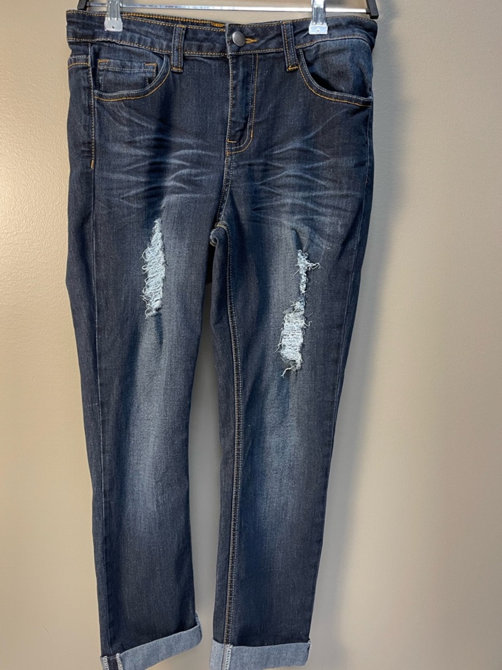 Mind Code Dark Wash Distressed Cropped Boyfriend Jeans